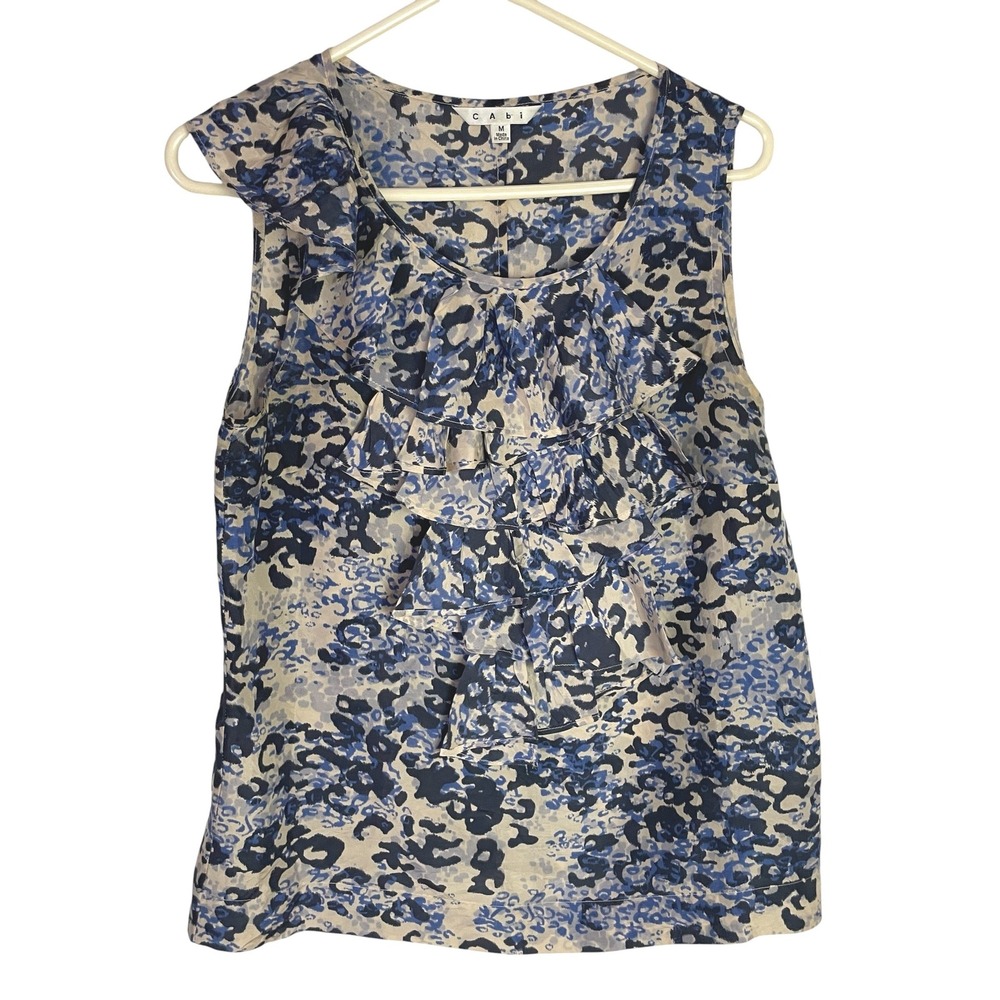 Cabi Womens 100% Silk Cascading Ruffle Top Size M Blue Abstract Blouse 628